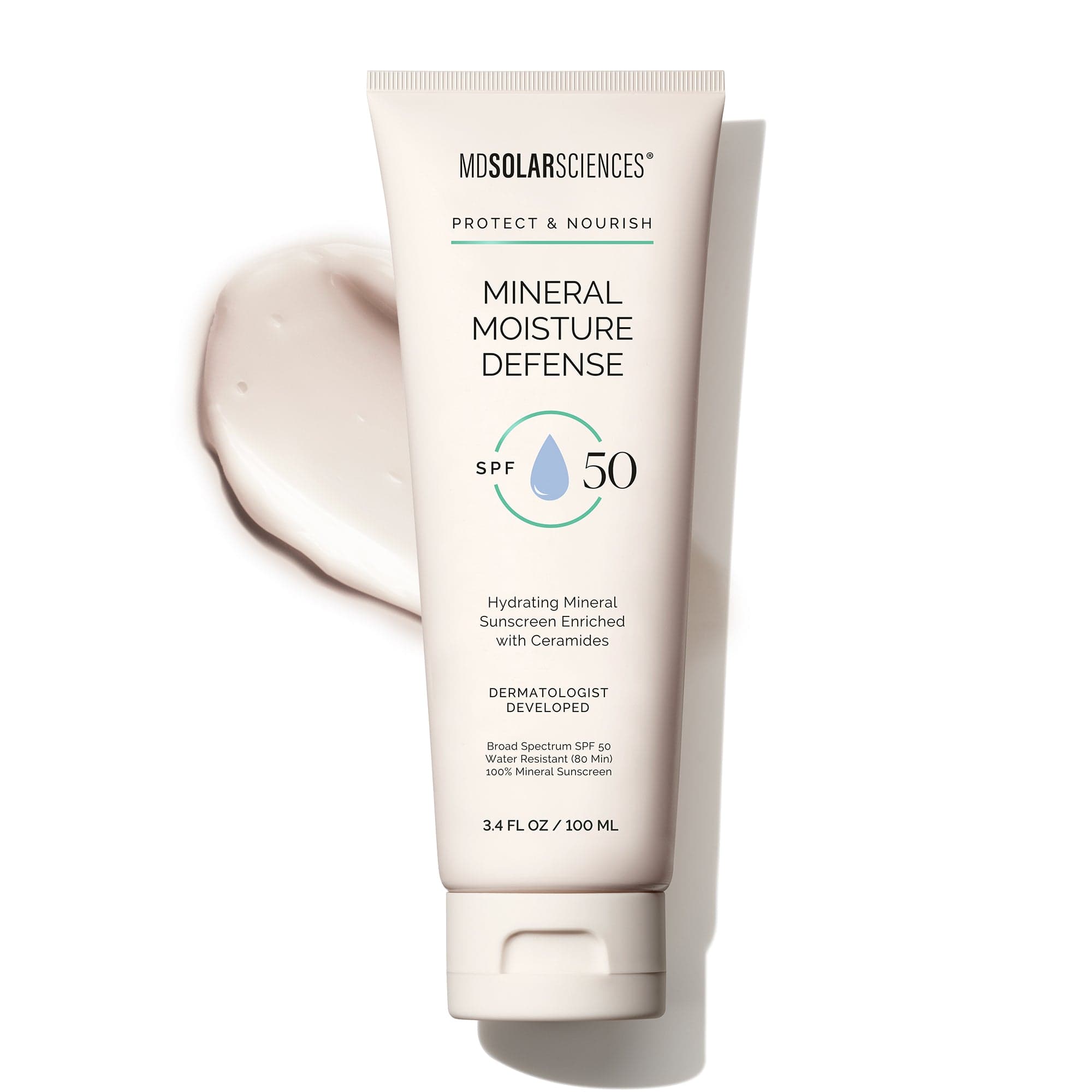 Tube of Mosolar Sciences Mineral Moisture Defense sunscreen on a white background