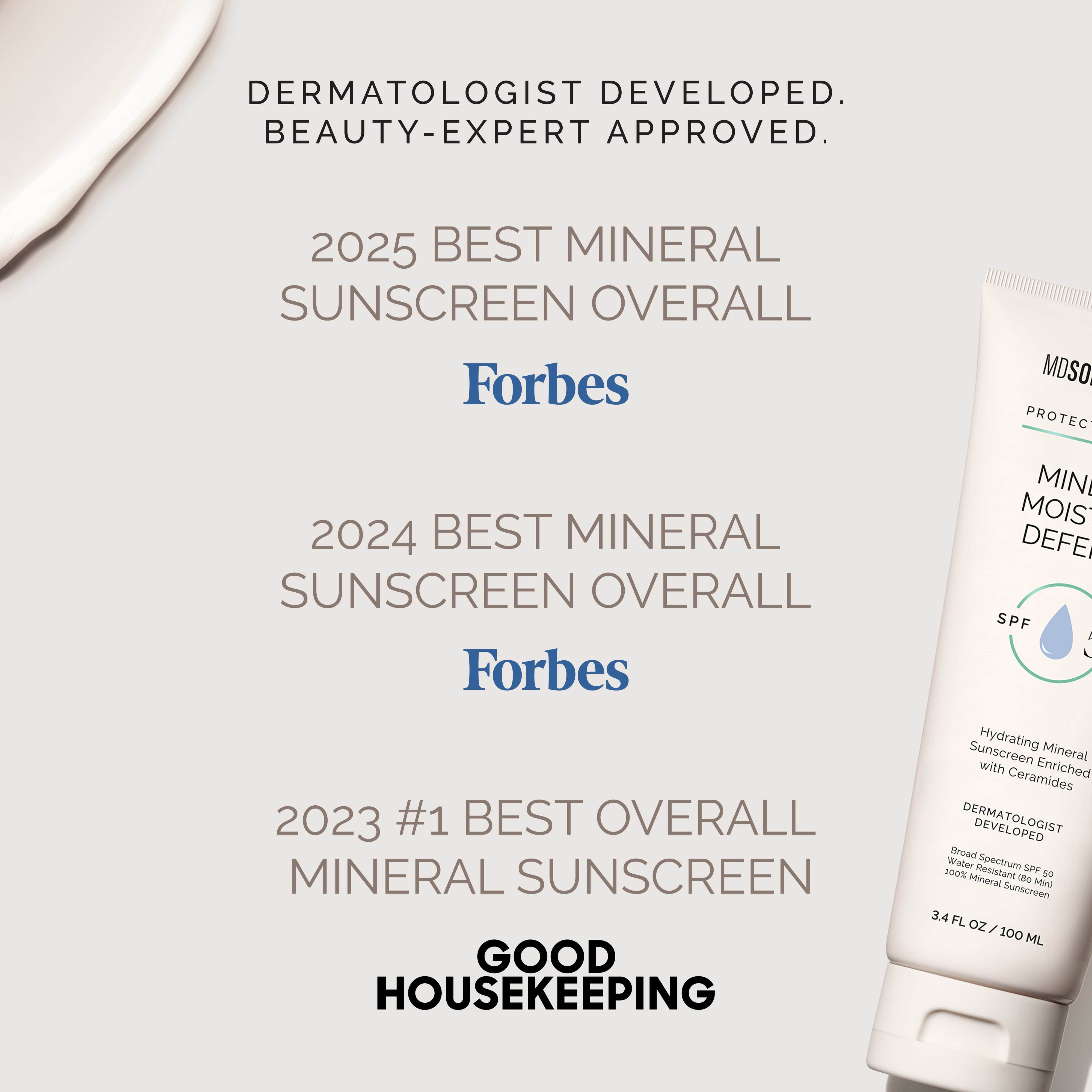 Sunscreen bottle with awards text on a white background