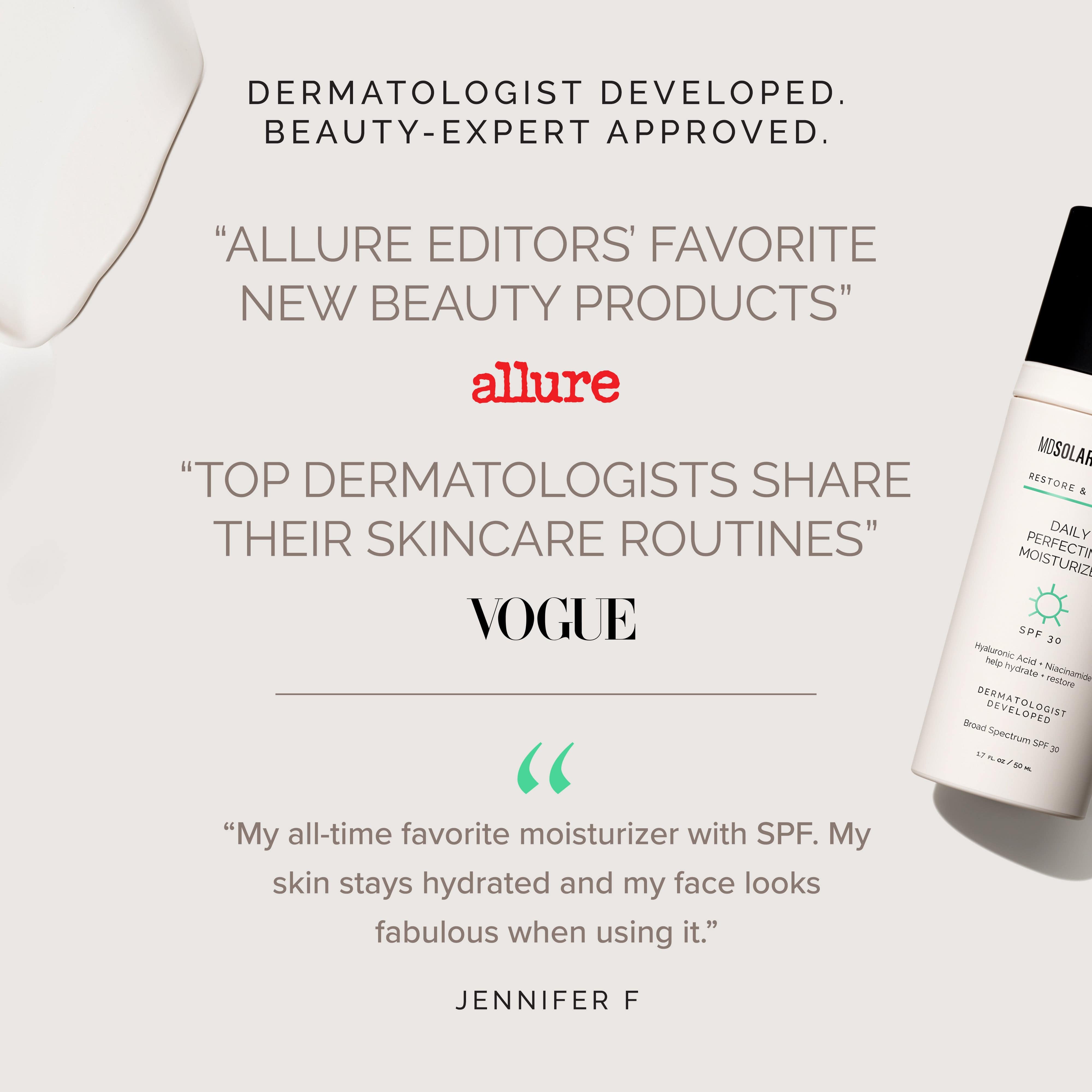 Skincare product with text about dermatologist approval and beauty editor recommendations on a white background.