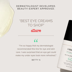 Eye cream bottle with positive reviews and endorsements on a white background