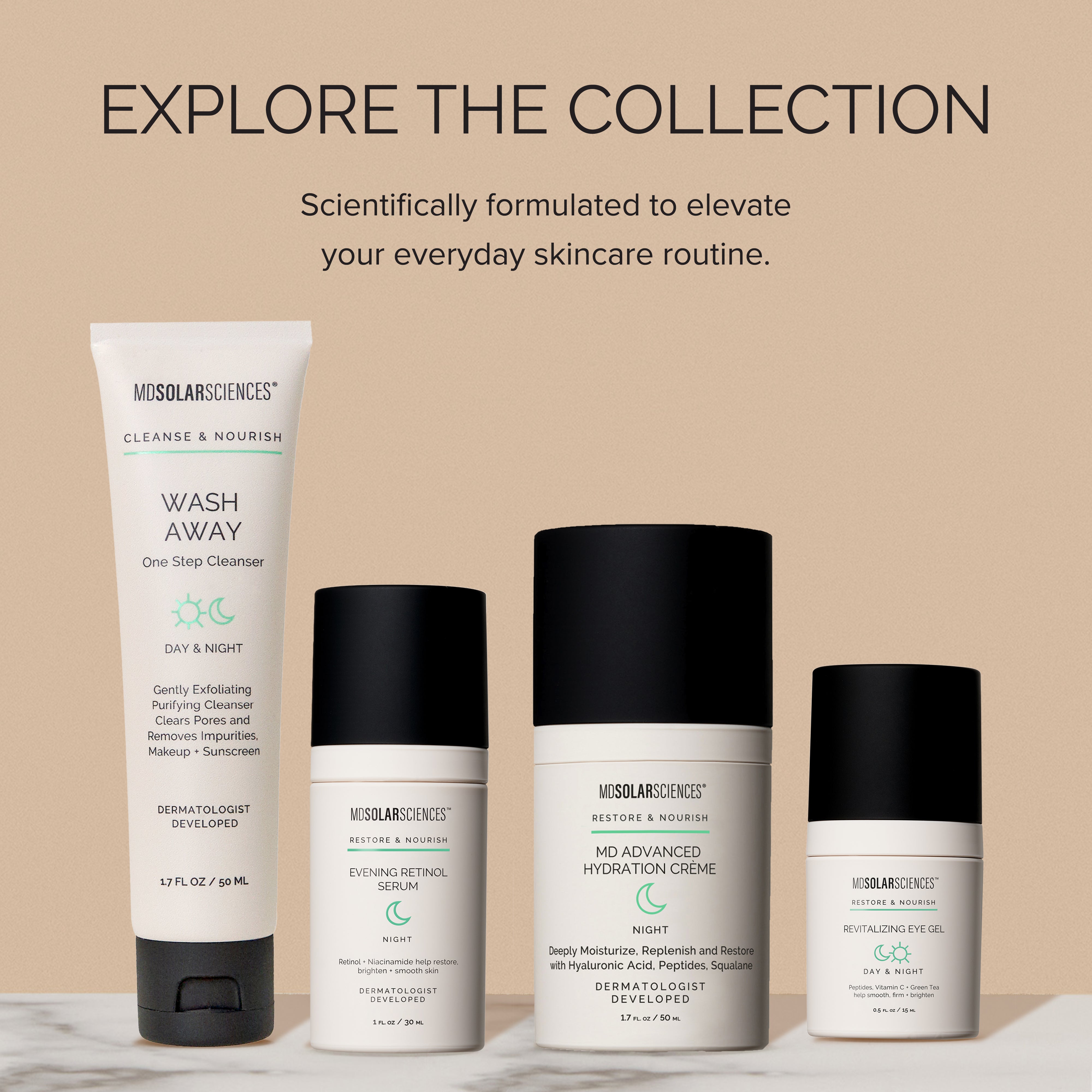 Collection of skincare products with text on a beige background