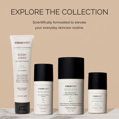 Collection of skincare products with text on a beige background