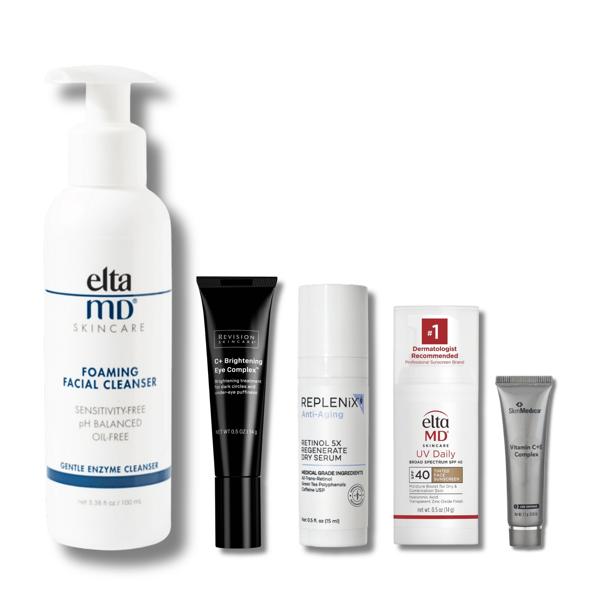 Exclusive Beauty Club Anti-Aging Essentials Kit featuring dermatologist-recommended skincare products from brands EltaMD, Revision Skincare, Replenix, and SkinMedica.