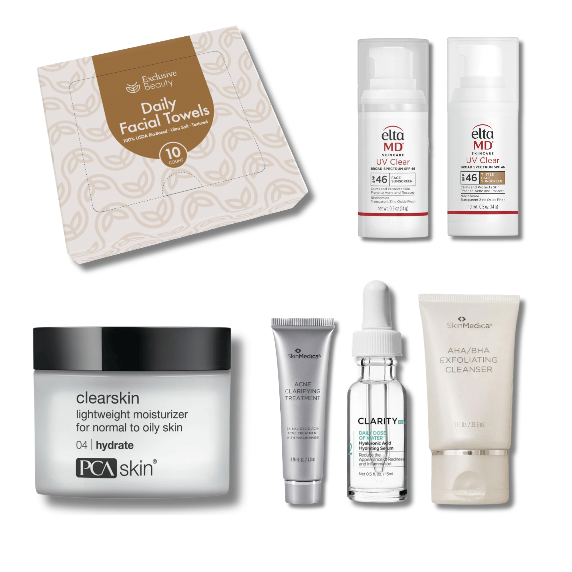 Exclusive Beauty Club Oily Skin Essentials Kit featuring dermatologist-recommended skincare products from brands Exclusive Beauty Club, EltaMD, PCA SKIN, SkinMedica, and ClarityRx.