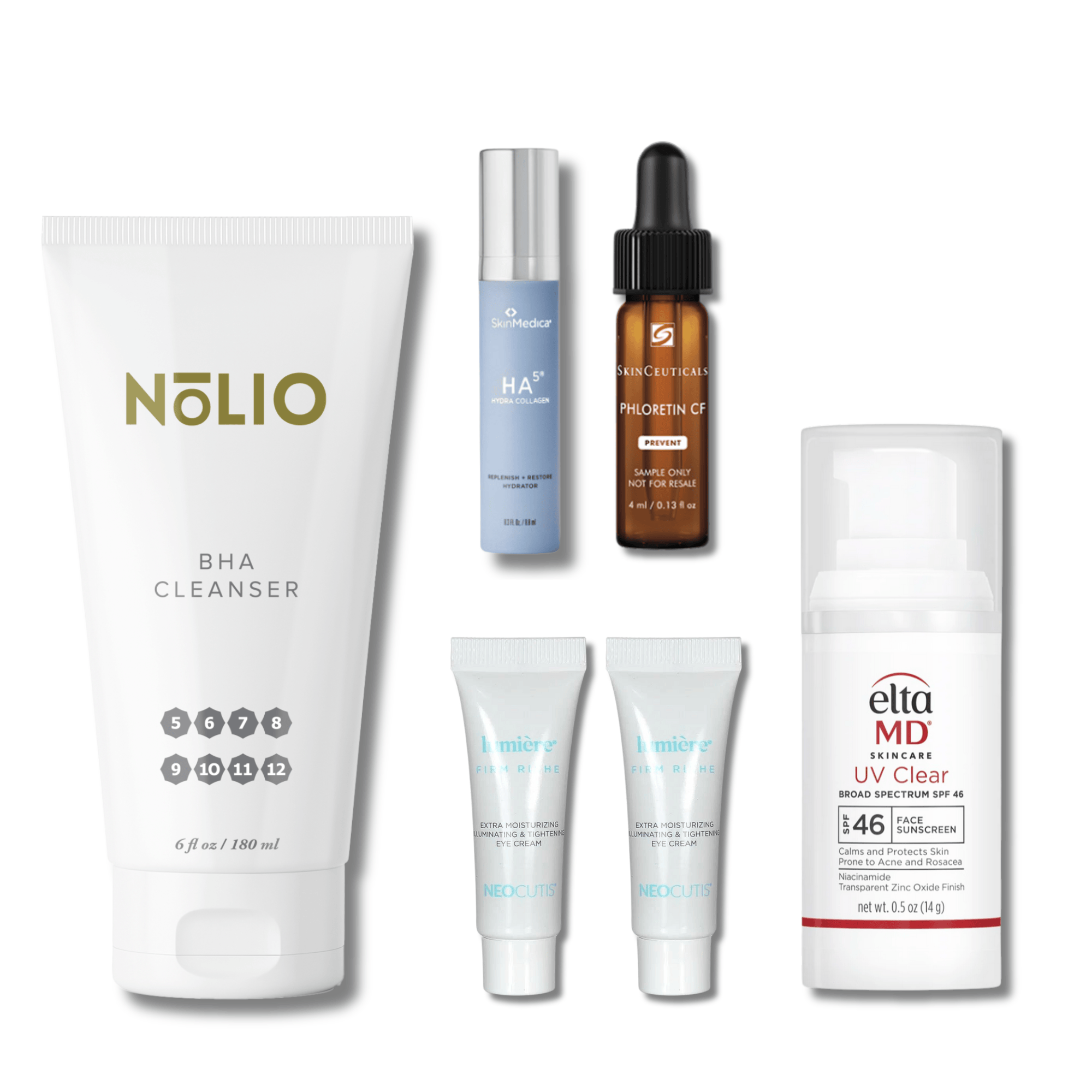 Exclusive Beauty Club Oily Skin Starter Set featuring dermatologist-recommended skincare products from brands Nolio, SkinMedica, SkinCeuticals, EltaMD, and Neocutis.