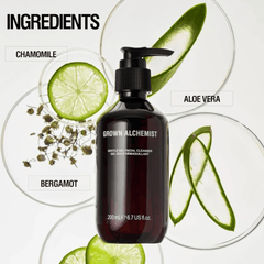 Grown Alchemist facial cleanser bottle with ingredients like chamomile, aloe vera, and bergamot displayed around it.