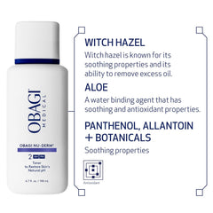 Obagi Nu-Derm toner bottle with key ingredients product details on a white background