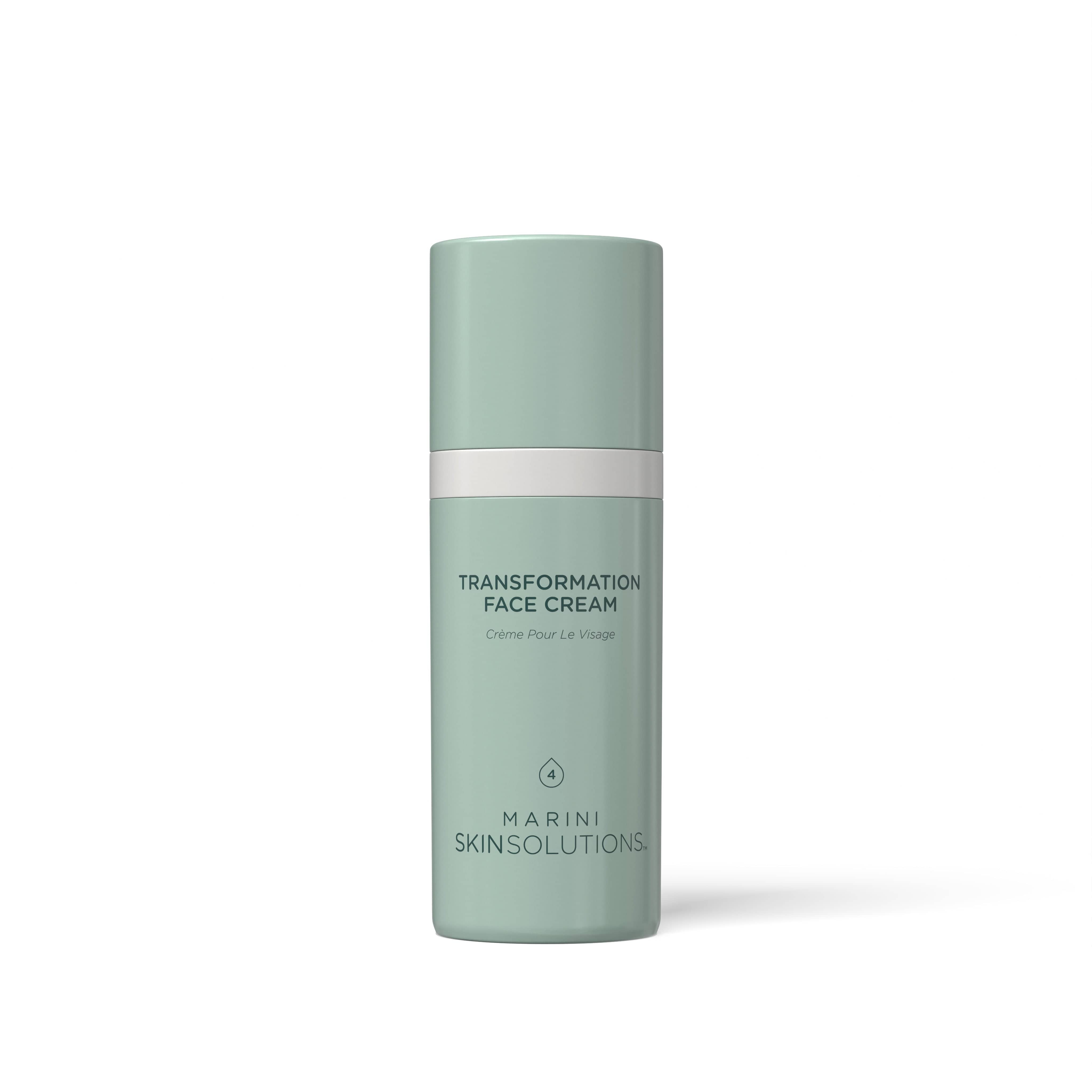 Green face cream bottle labeled 'Transformation Face Cream' by Marini Skinsolutions on a white background