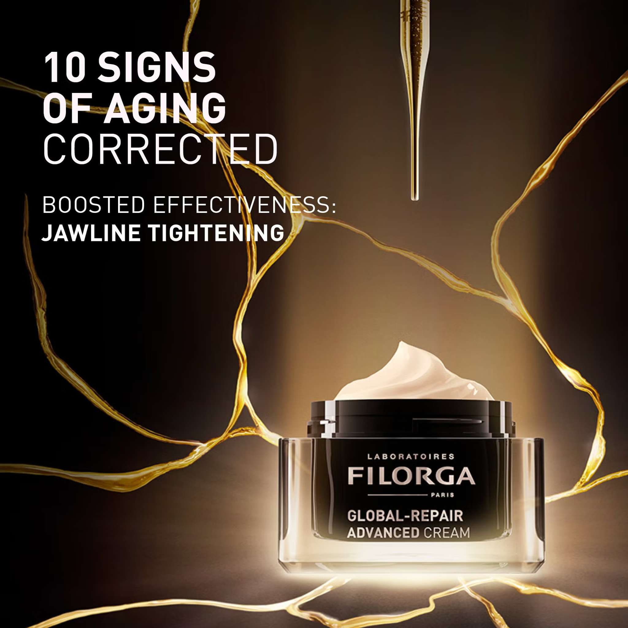 Filorga Global-Repair Advanced Cream corrects 10 signs of aging boosted jawline tightening dark gold background