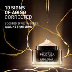 Filorga Global-Repair Advanced Cream corrects 10 signs of aging boosted jawline tightening dark gold background