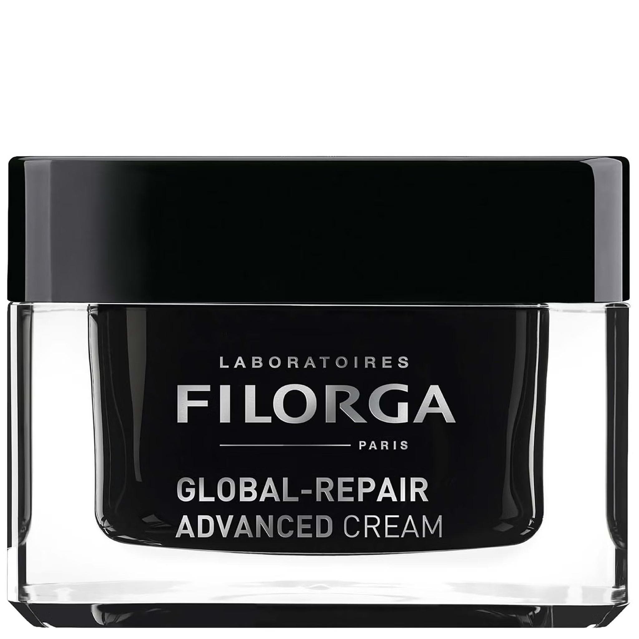 Filorga Global-Repair Advanced Cream anti-aging face cream black jar with glass base on white background