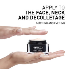 Filorga Global-Repair Advanced Cream apply to face neck and decolletage morning and evening hands holding jar