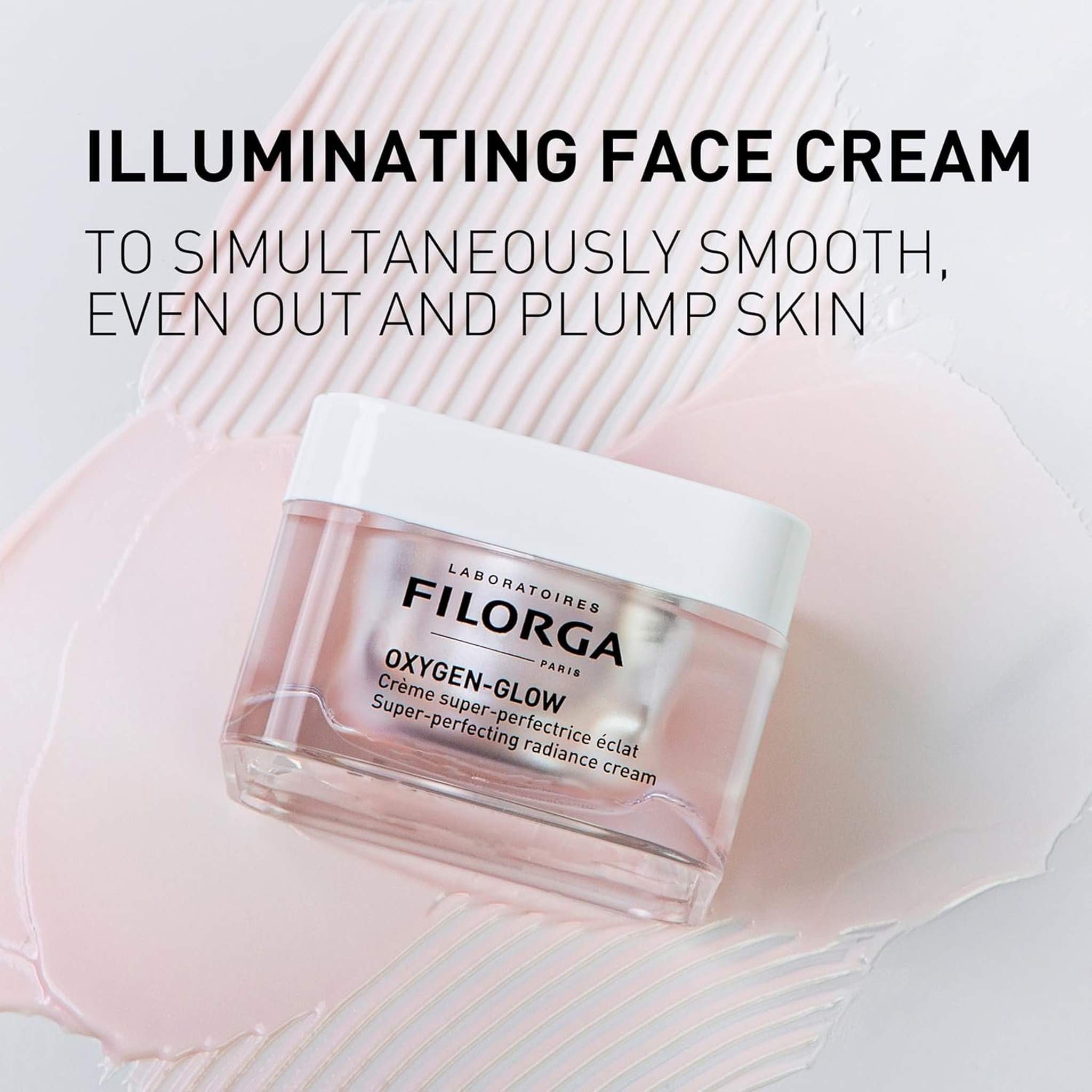 Filorga Oxygen-Glow illuminating face cream to simultaneously smooth even out and plump skin pink texture