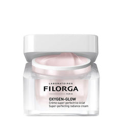 Filorga Oxygen-Glow super-perfecting radiance cream open jar showing pink illuminating cream on white background
