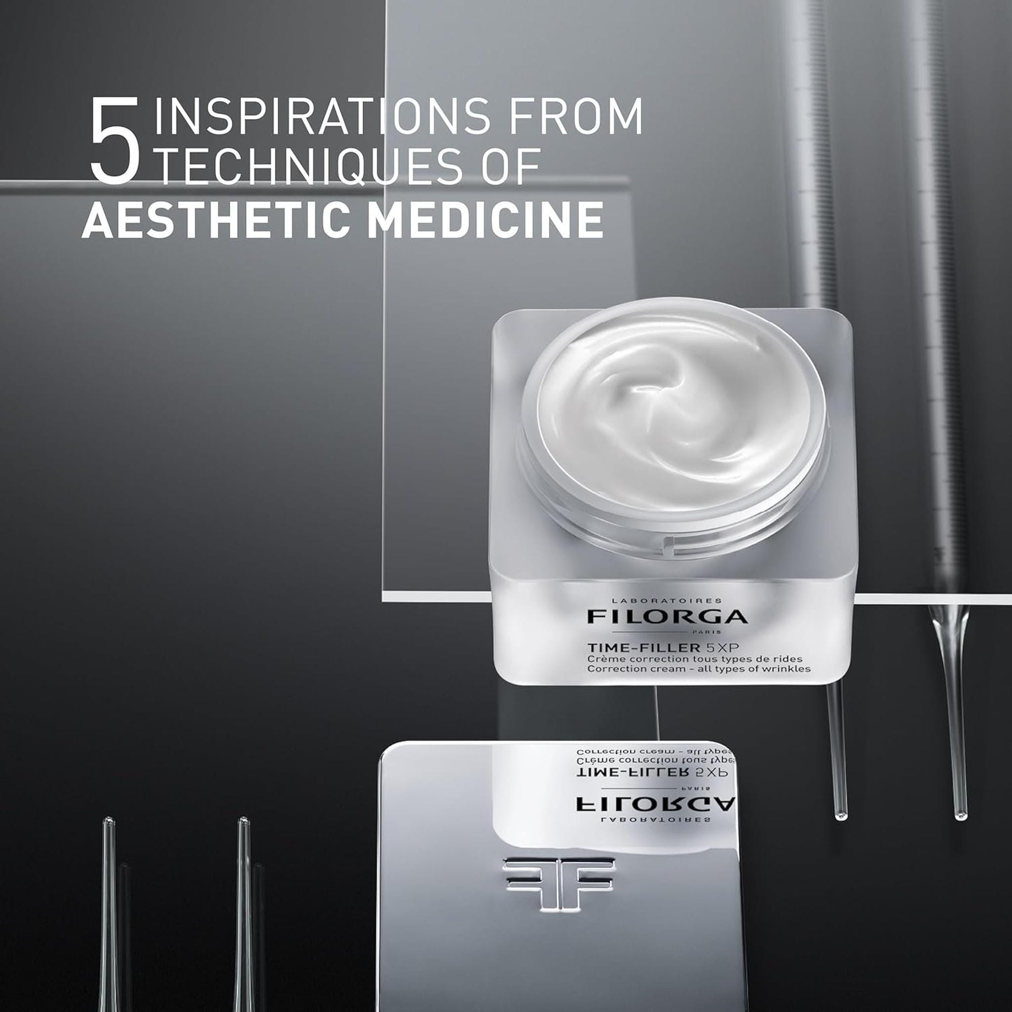 Filorga Time-Filler 5XP inspired by 5 aesthetic medicine techniques open jar top-down dark background