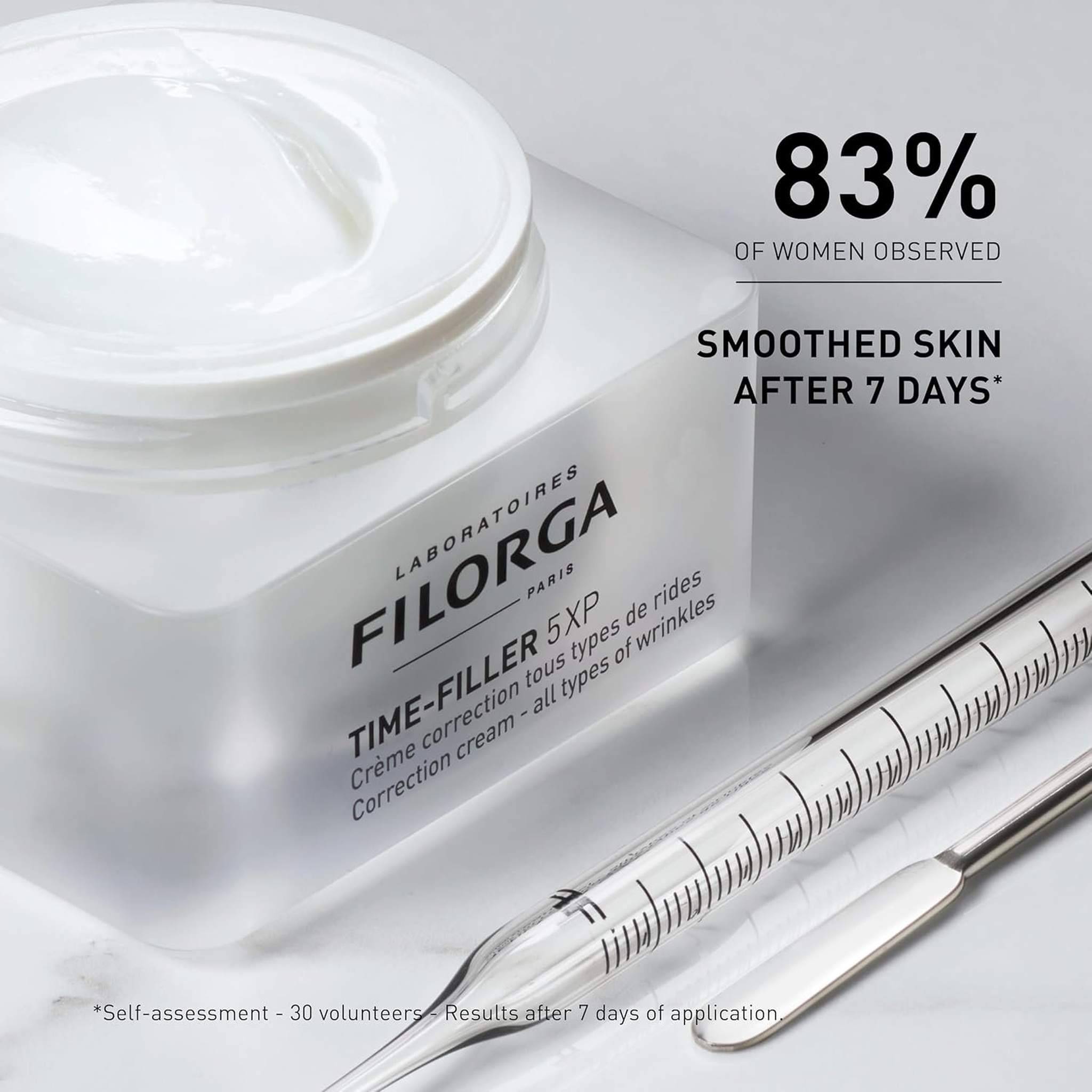 Filorga Time-Filler 5XP 83 percent of women observed smoothed skin after 7 days open jar with tools