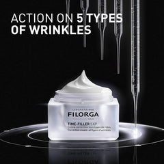 Filorga Time-Filler 5XP acts on 5 types of wrinkles open jar with serums on dark background
