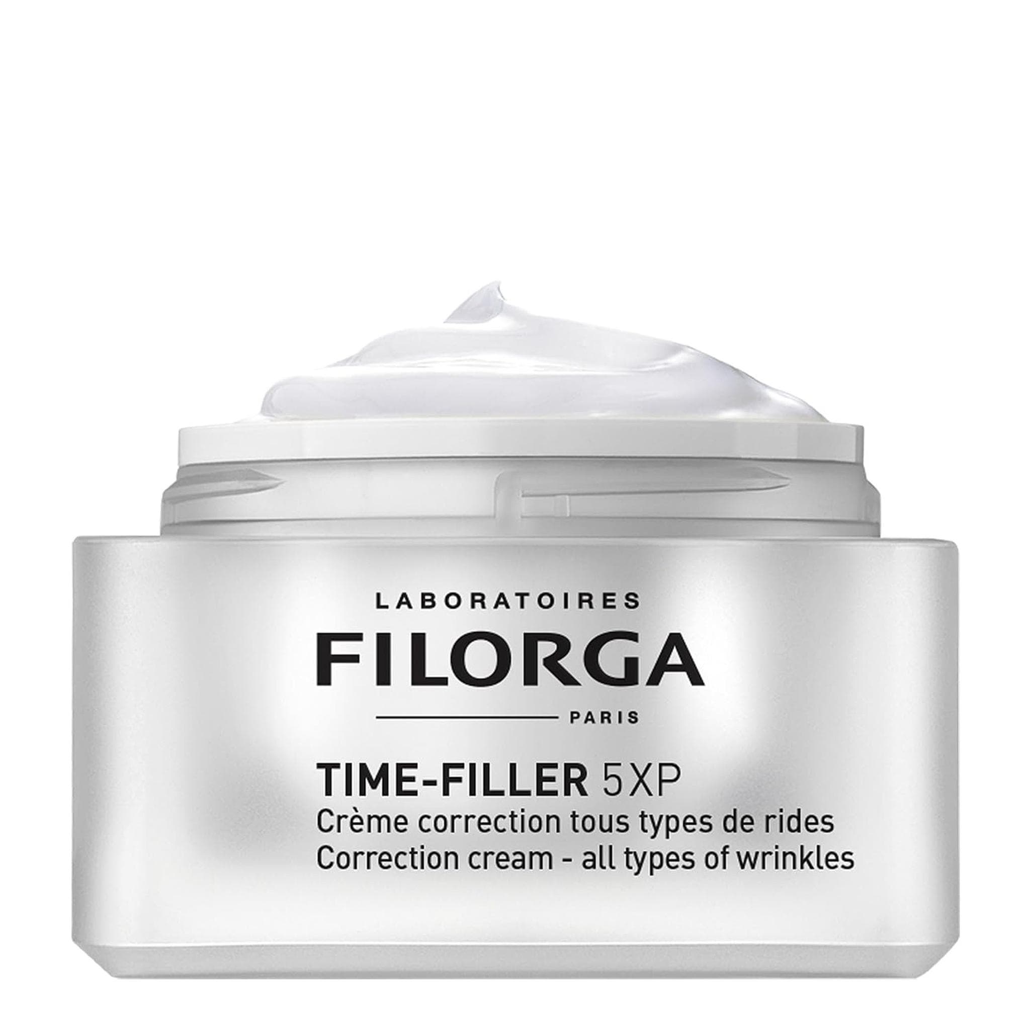 Filorga Time-Filler 5XP wrinkle correction cream open jar showing rich cream texture on white background