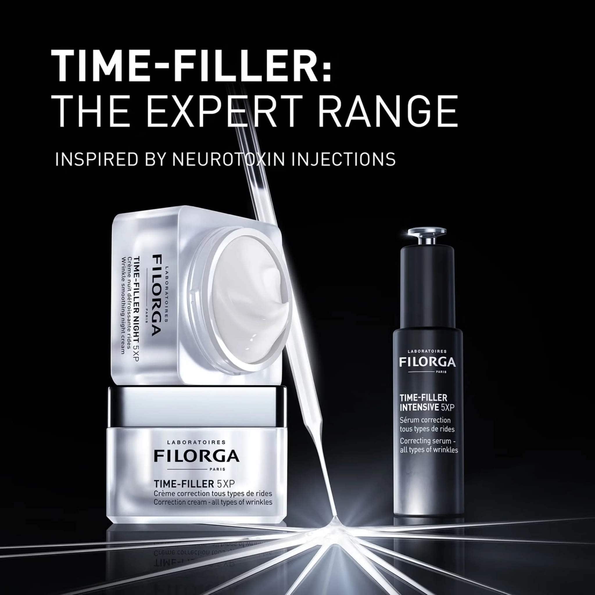 Filorga Time-Filler expert range Night 5XP and Intensive 5XP serum inspired by neurotoxin injections dark background