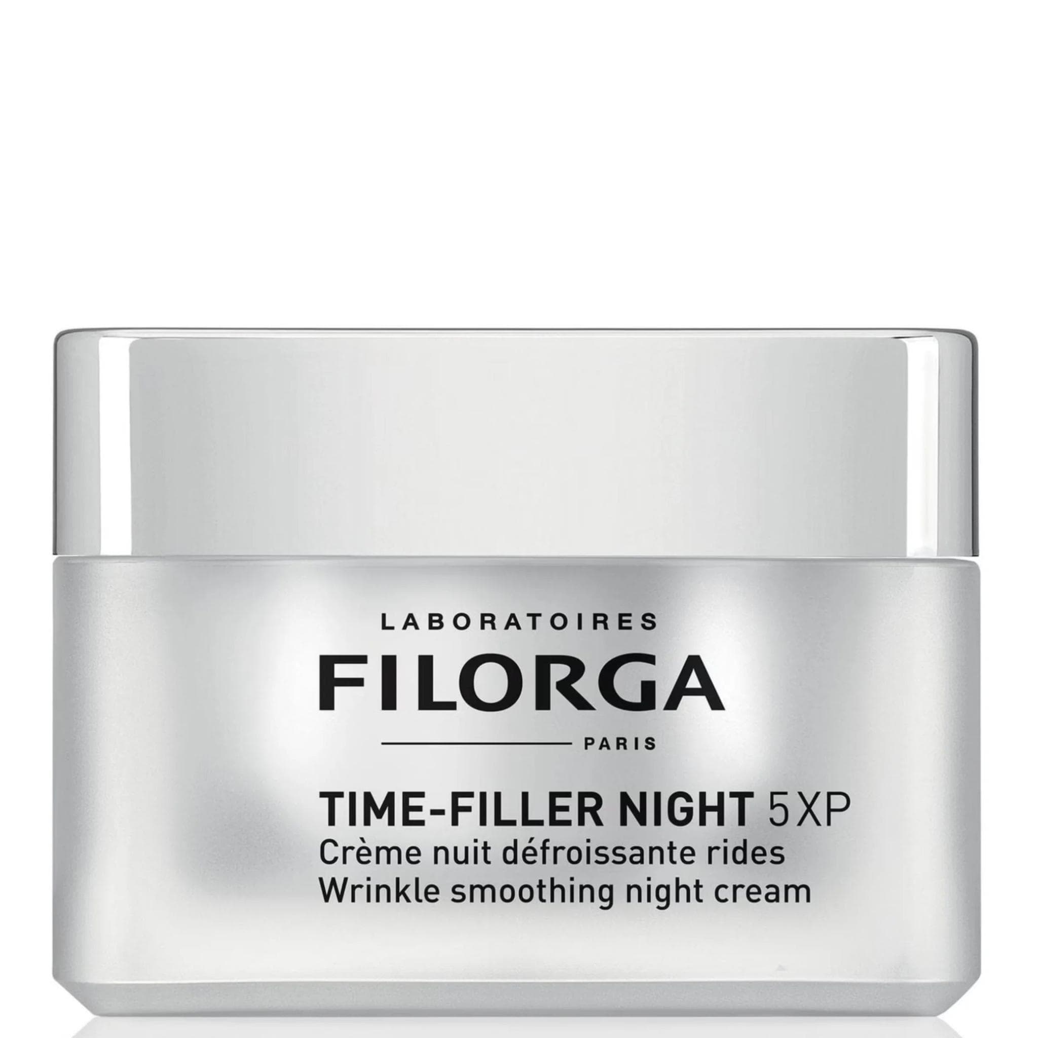 Filorga Time-Filler Night 5XP wrinkle smoothing night cream silver jar on white background