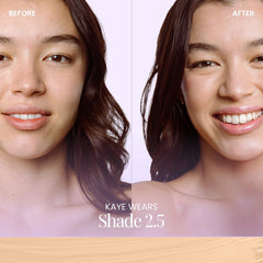 Naked Sundays BeautyScreen SPF50 peptide foundation tint before and after on model wearing shade 2.5 2