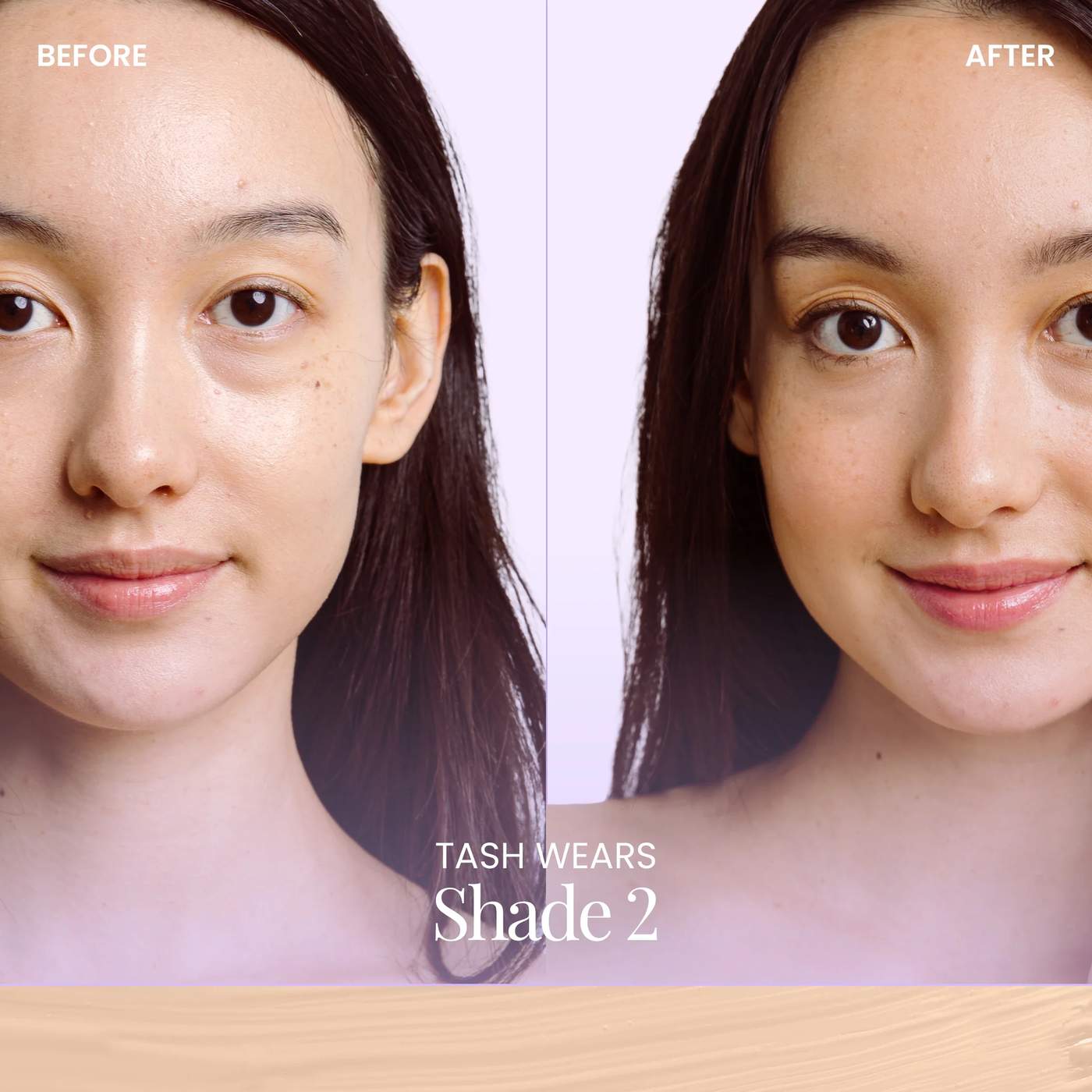 Naked Sundays BeautyScreen SPF50 peptide foundation tint before and after on model wearing shade 2 2