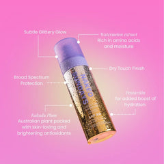 Naked Sundays Golden Glow Shimmer Mist SPF50 benefits including broad spectrum protection and glow