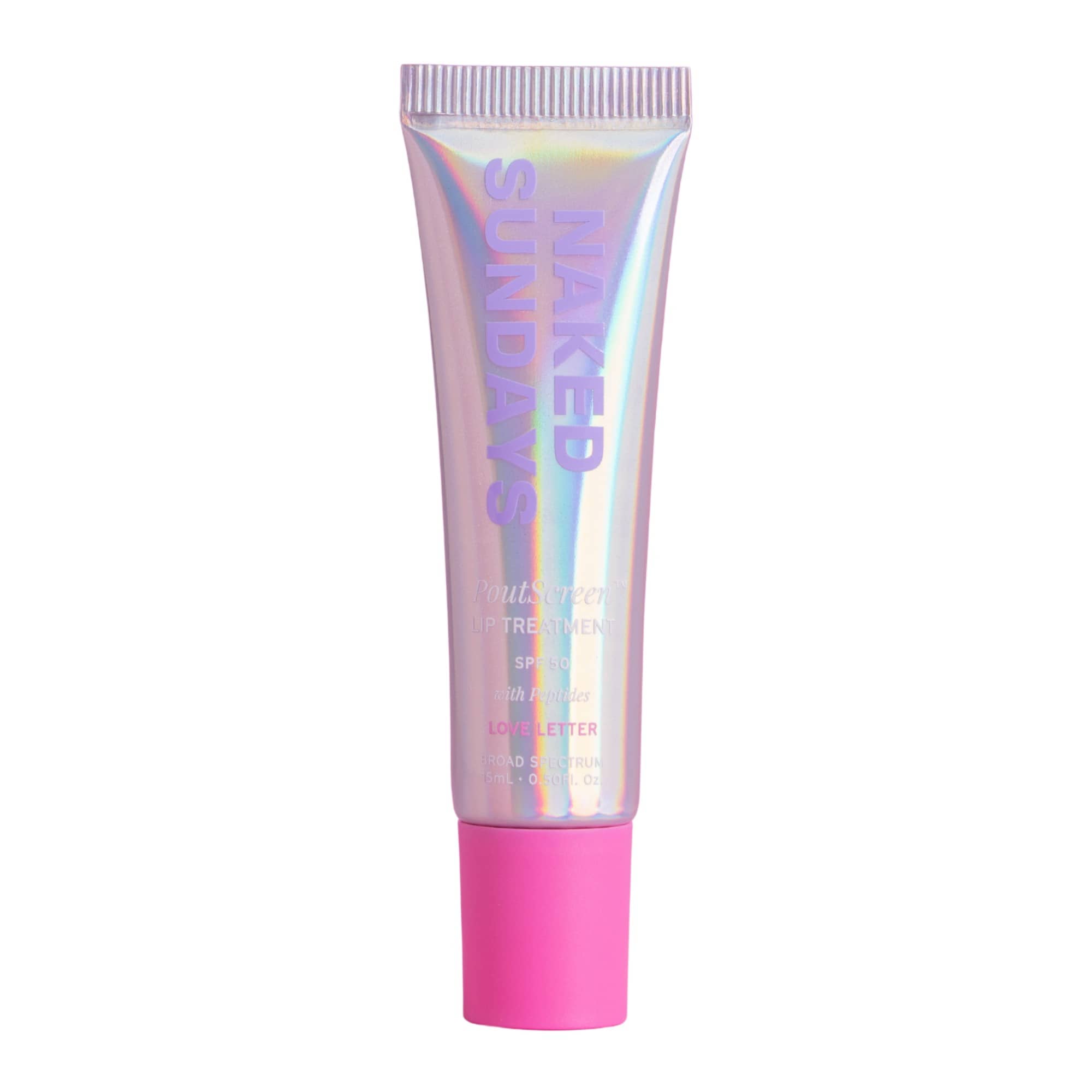 Naked Sundays PoutScreen Love Letter lip treatment SPF50 tube on a white background 1