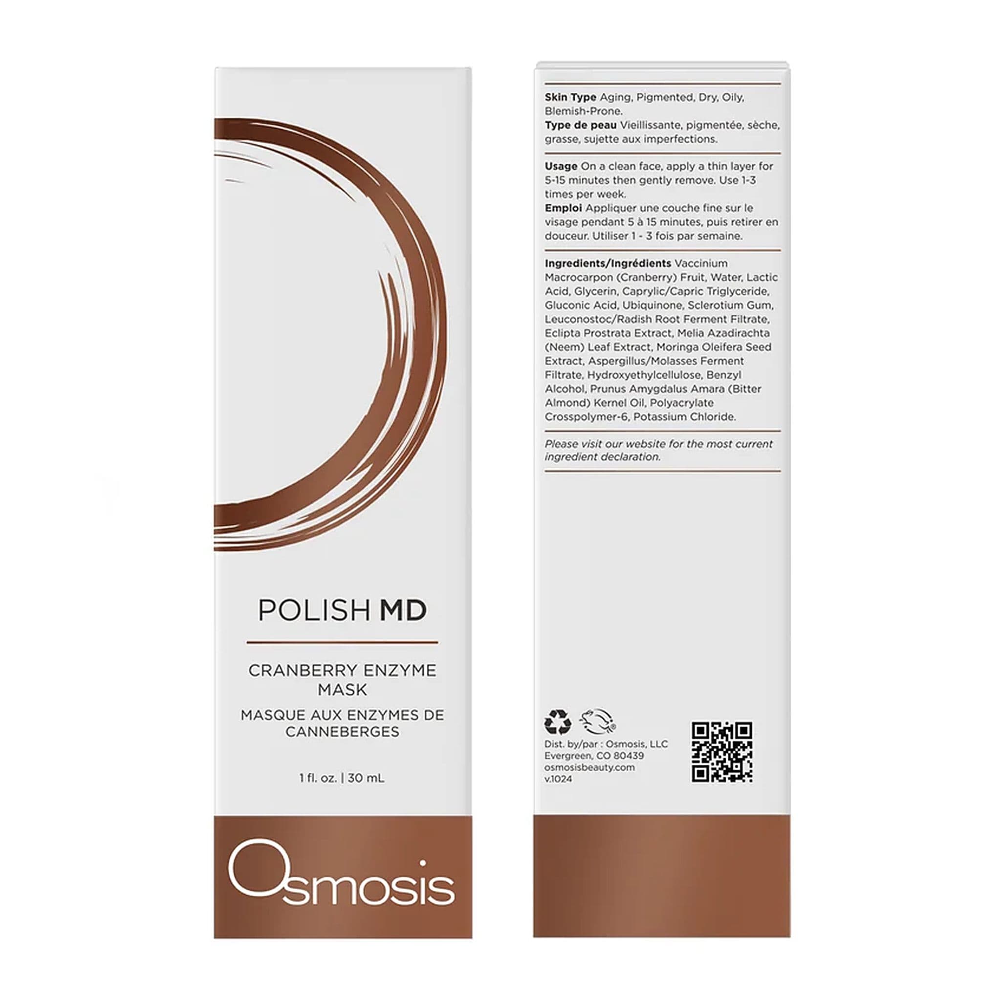 Osmosis Polish MD Cranberry Enzyme Mask box front and back with ingredients and usage directions