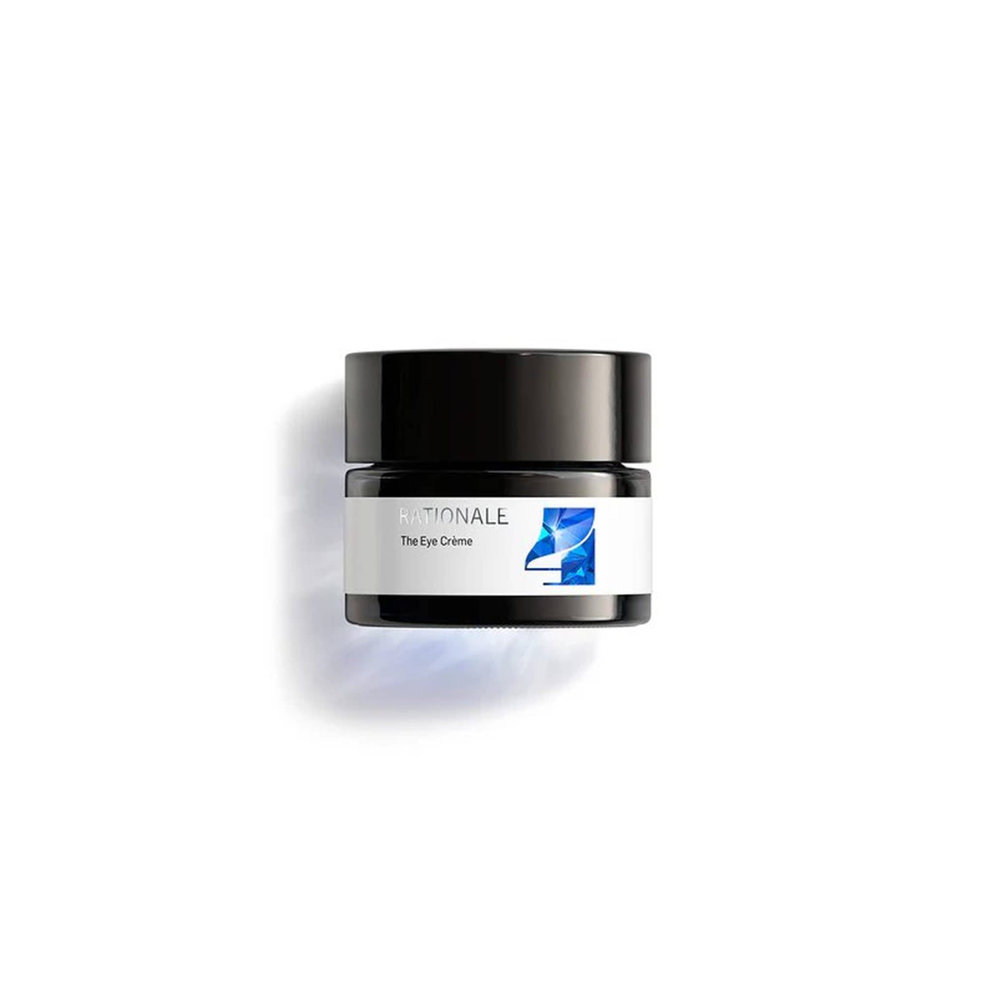 Rationale The Eye Crème dark glass jar with blue number 4 logo on white background