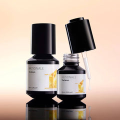 Rationale The Serum number 1 in 30ml and 15ml sizes with open dropper applicator on warm peach background