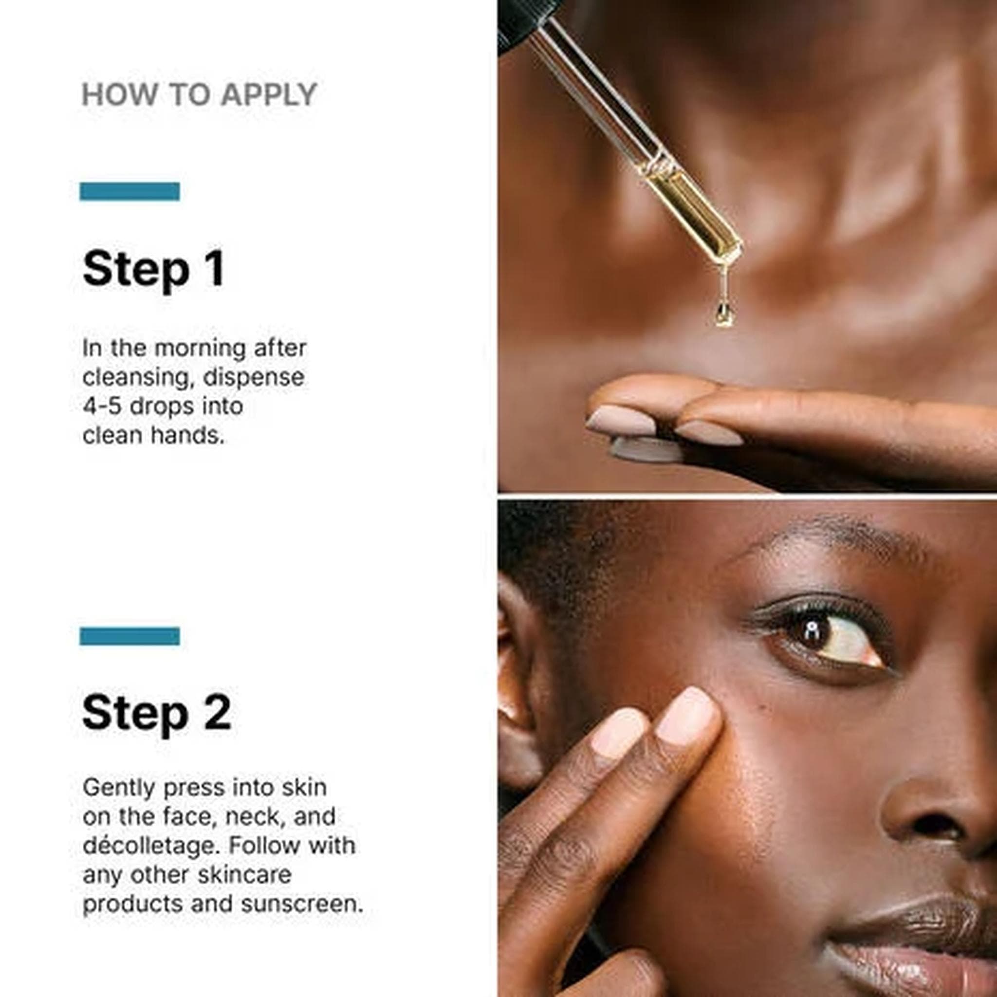 Applying vitamin C serum drops to face neck and decolletage