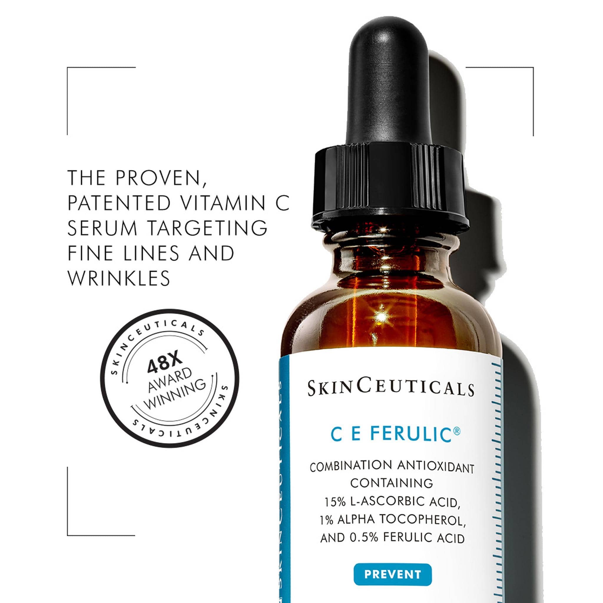 SkinCeuticals CE Ferulic vitamin C serum bottle with dropper for fine lines and wrinkles