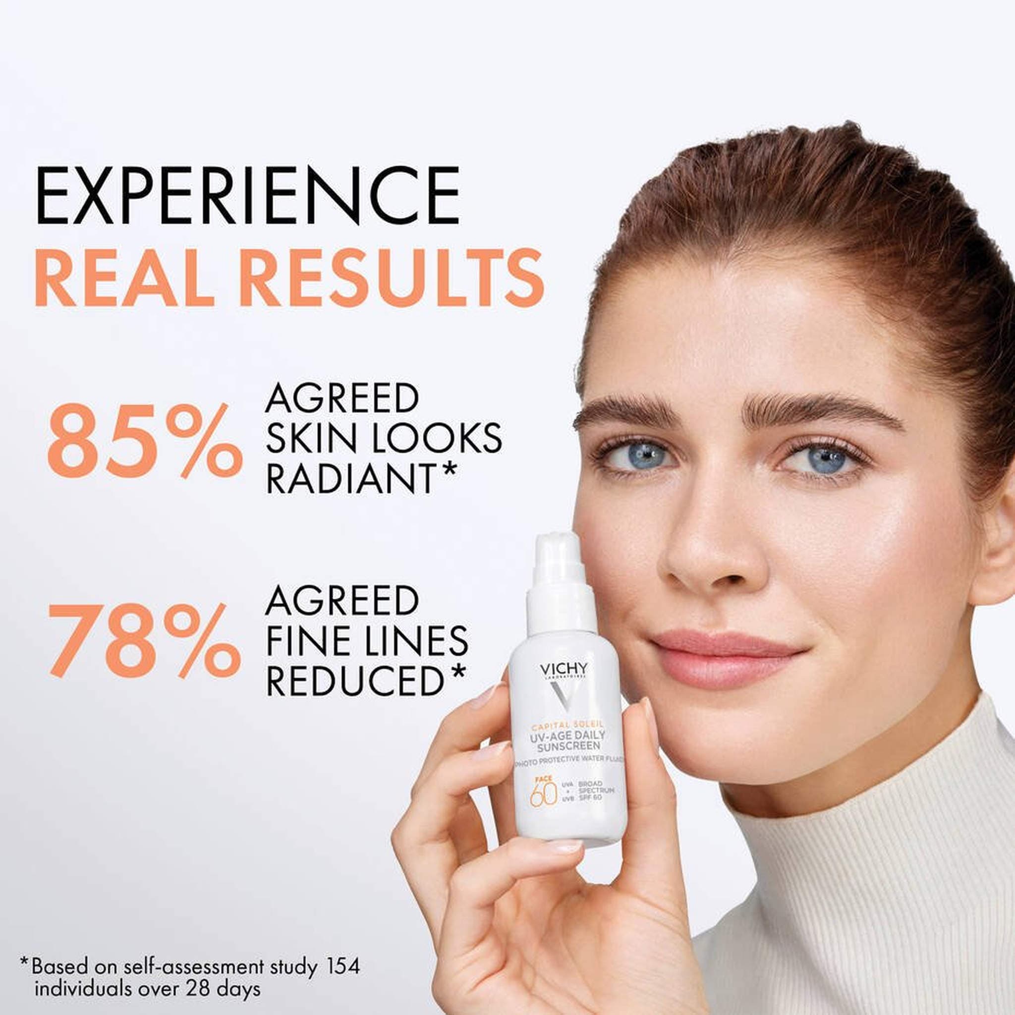 Vichy Capital Soleil UV-Age Daily sunscreen clinical results: 85% radiant skin, 78% reduced fine lines