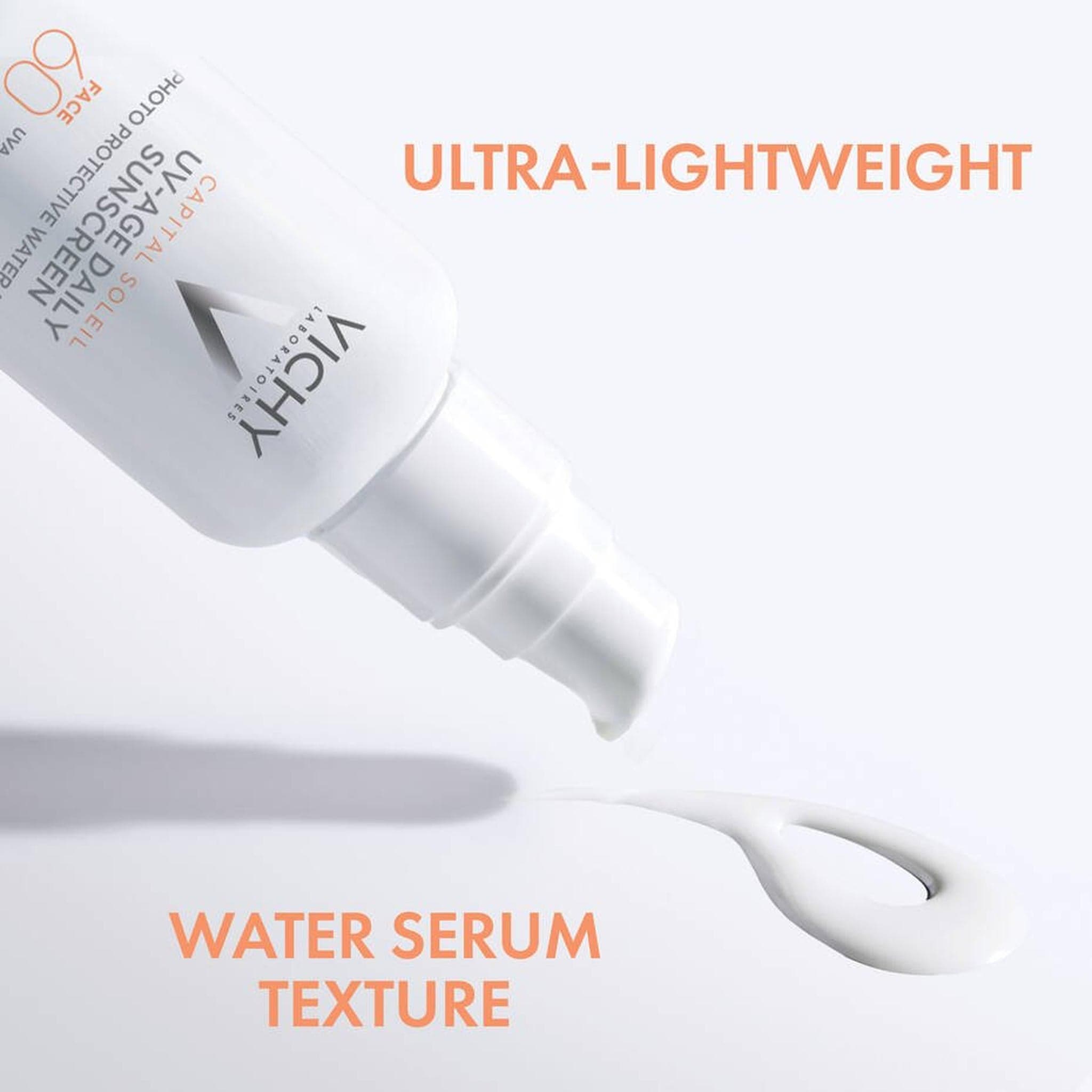 Vichy Capital Soleil UV-Age Daily ultra-lightweight water serum texture dispensing from pump bottle