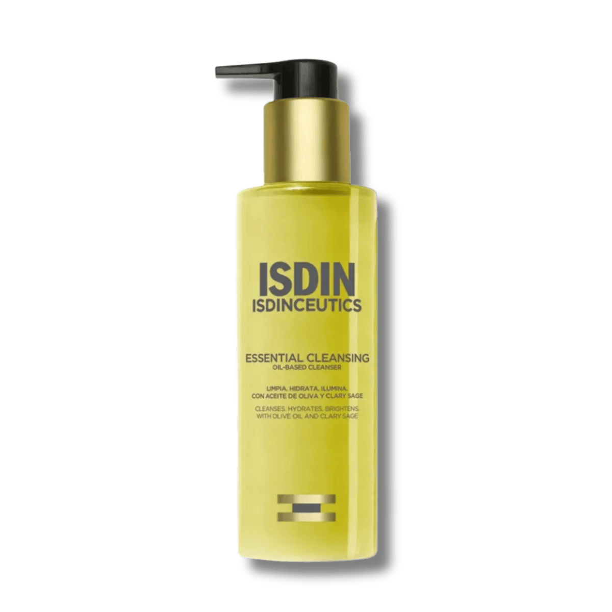ISDIN Isdinceutics Essential Cleansing oil-based face cleanser with pump dispenser in yellow bottle