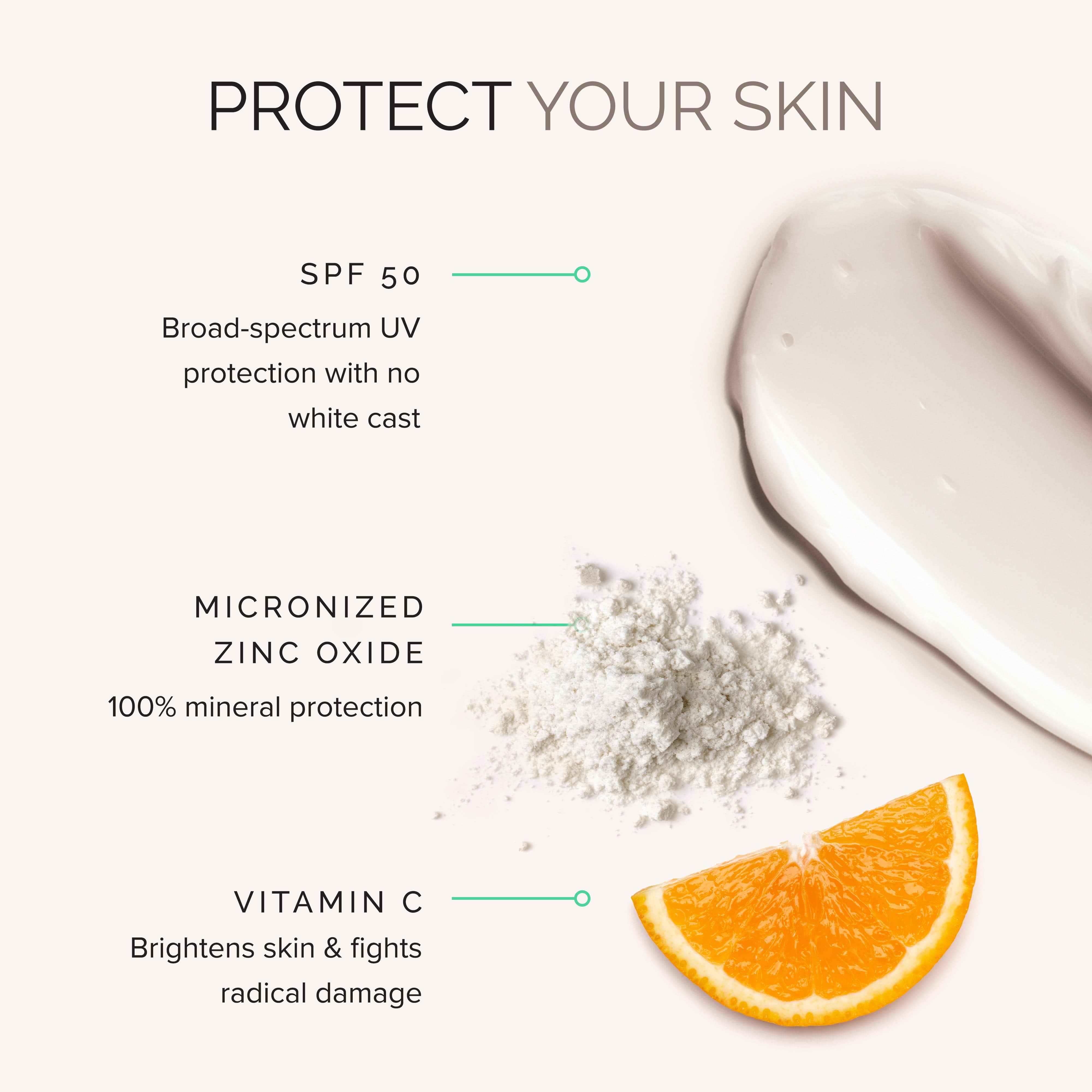 Product packaging with SPF 50, micronized zinc oxide, and vitamin C benefits displayed.