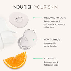 Skincare product with ingredients hyaluronic acid, niacinamide, and vitamin C, shown with an orange slice.
