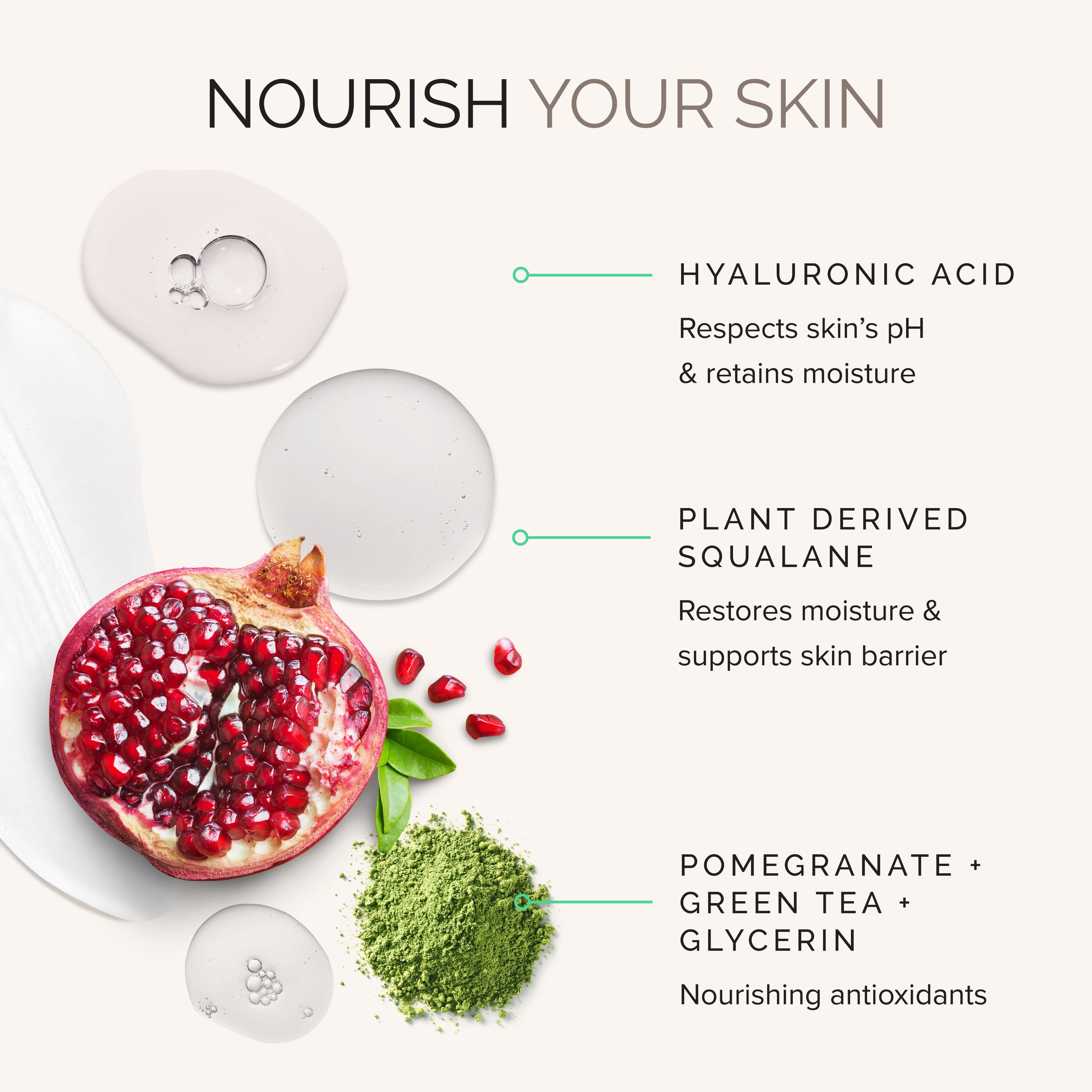 Skincare product with pomegranate, green tea, and glycerin labeled on a white background.