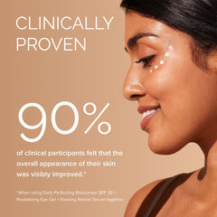 Woman with visible skin improvement on a beige background with text about clinical proven results.