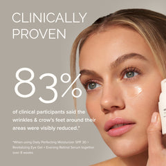 Woman applying skincare product with clinical proven text on a beige background