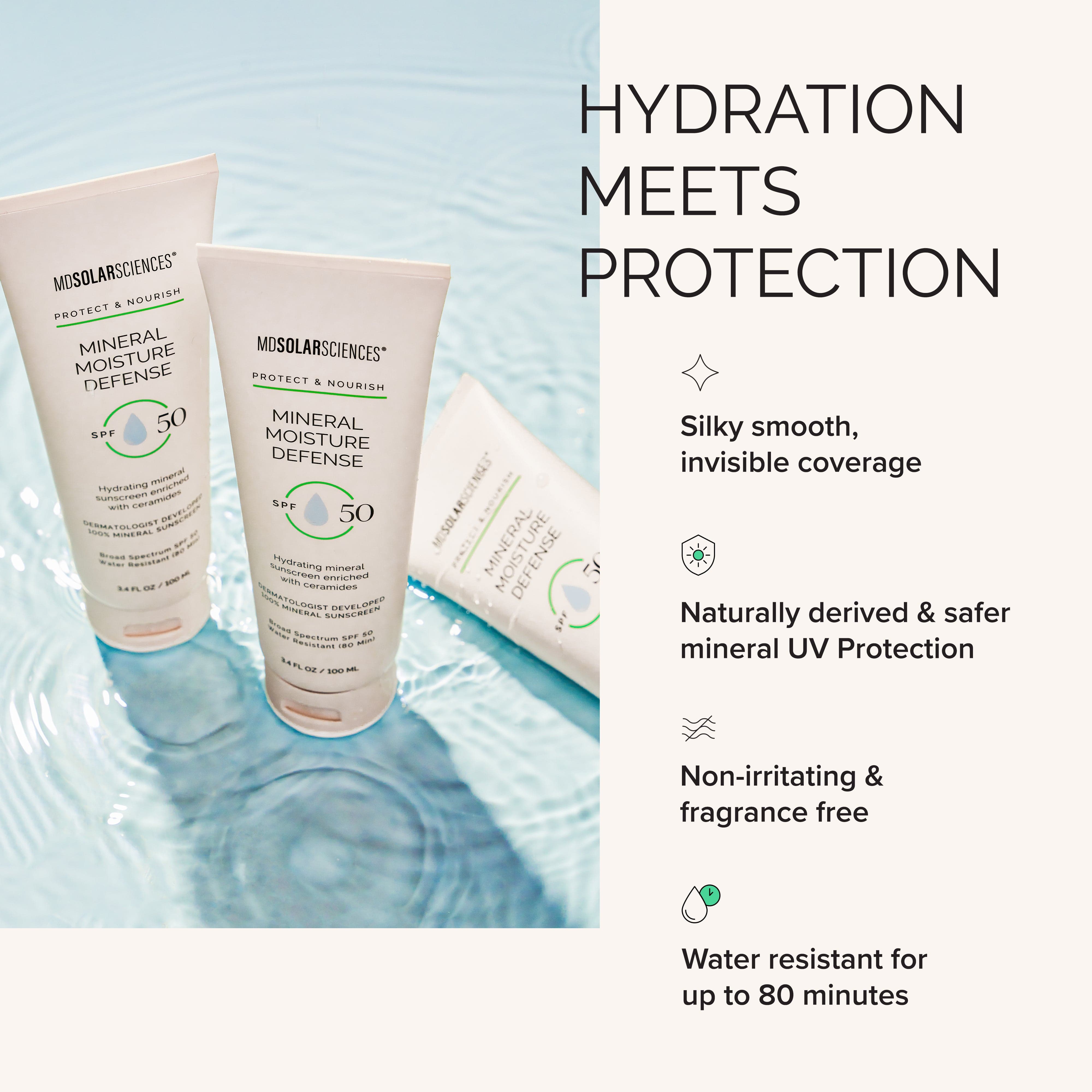 Two sunscreen bottles with product details on a light blue water background