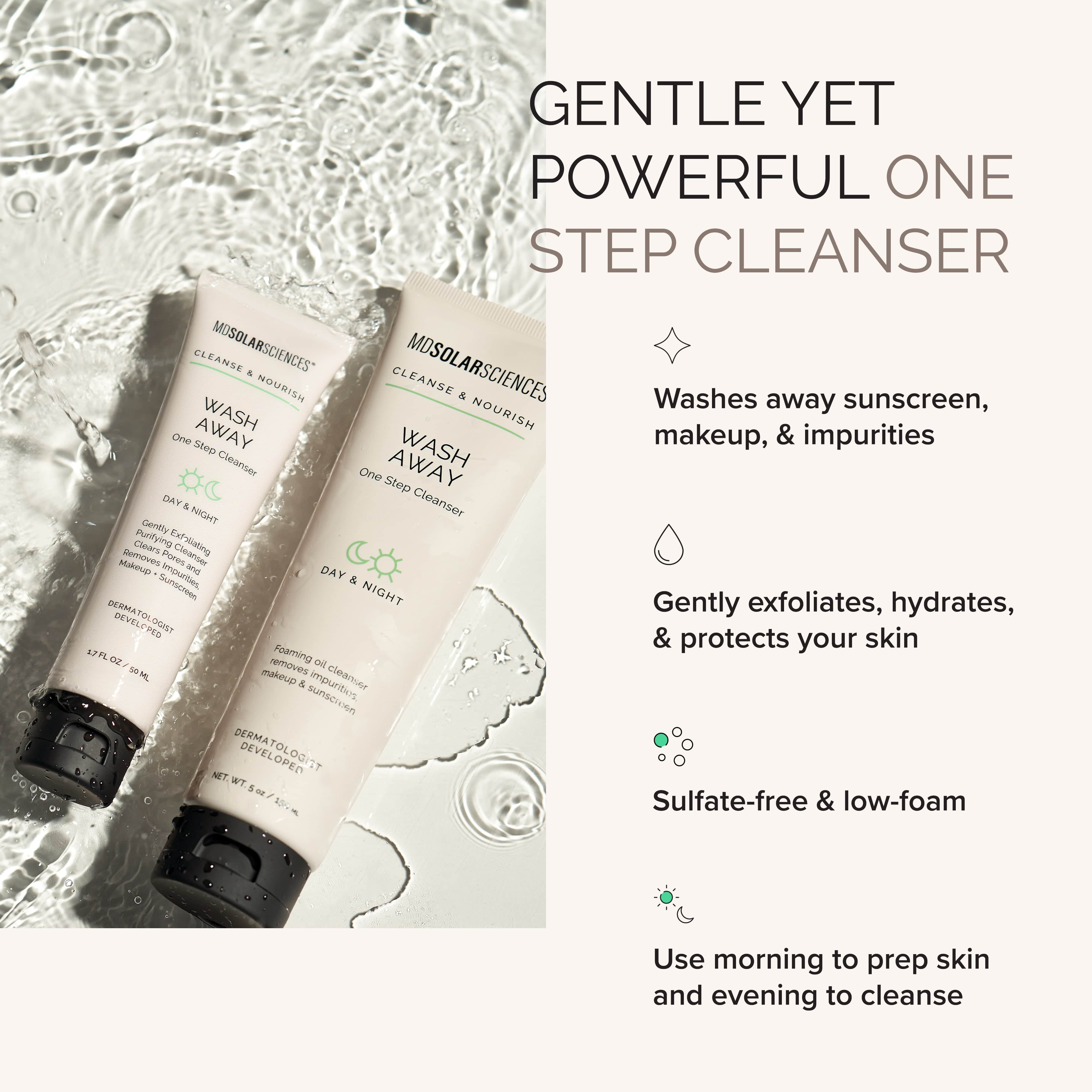 Two bottles of 'Wash Away' cleanser with text highlighting its features on a textured background.