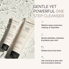 Two bottles of 'Wash Away' cleanser with text highlighting its features on a textured background.