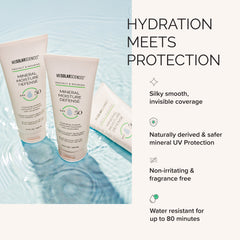 Two sunscreen bottles with product details on a light blue water background