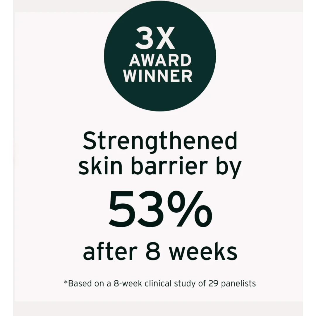 Text indicating a 3x award winner for strengthened skin barrier with 53% improvement after 8 weeks, based on a clinical study.