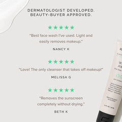 Product with dermatologist-developed and beauty-buyer-approved text, featuring product reviews and a bottle of cleanser.