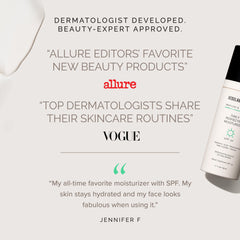 Skincare product with text about dermatologist approval and beauty editor recommendations on a white background.