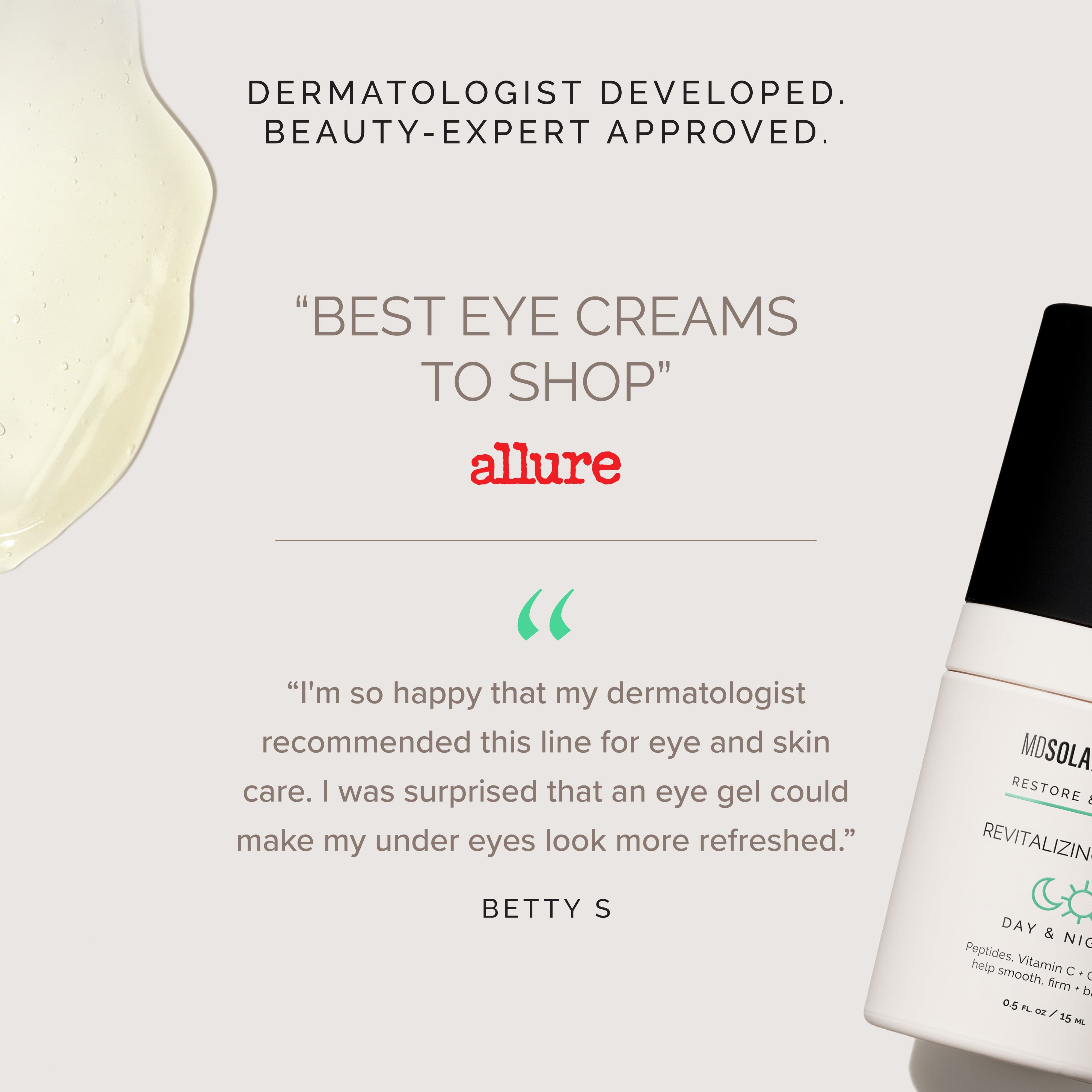 Eye cream bottle with positive reviews and endorsements on a white background