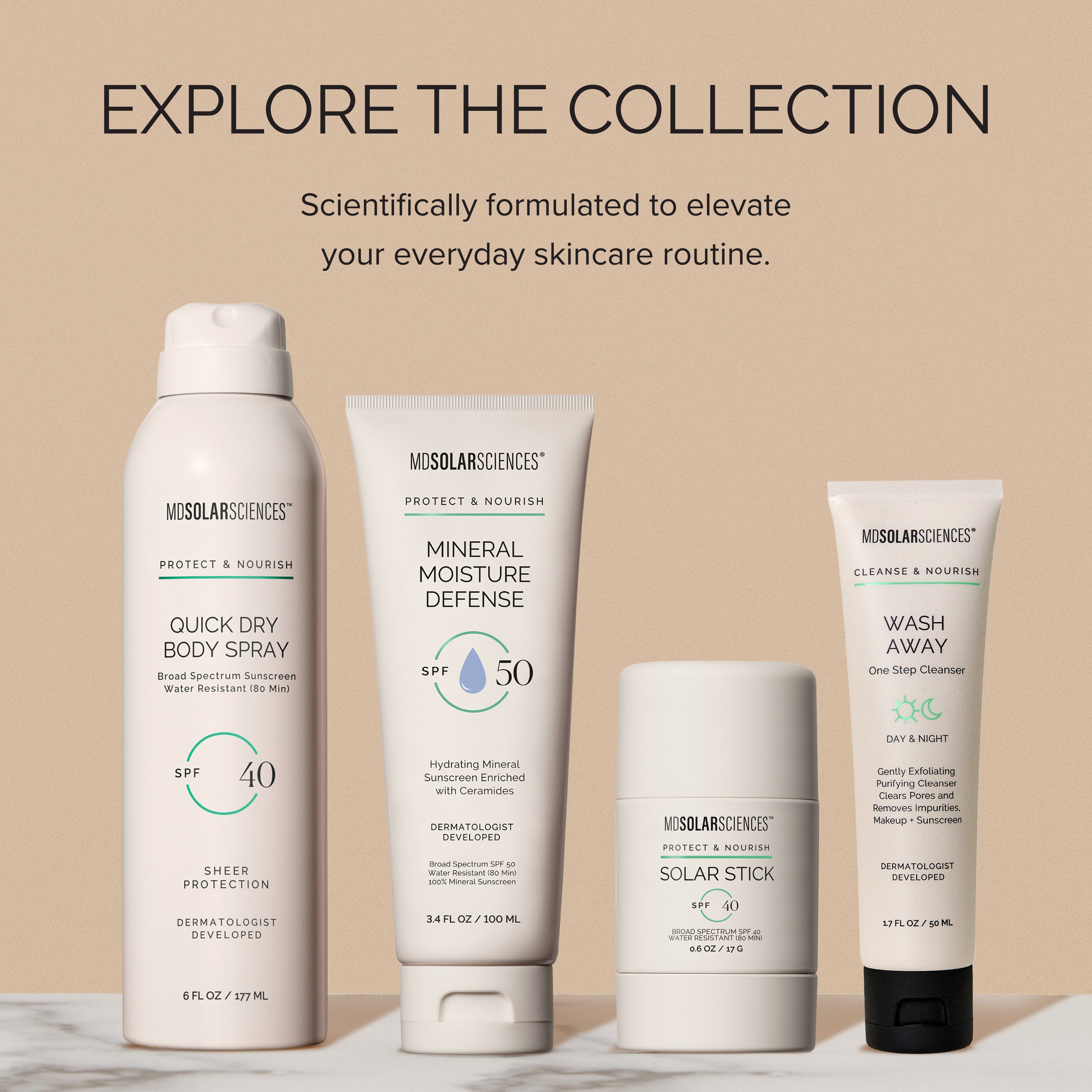 Collection of MDSolarSciences skincare products on a beige background with text promoting their effectiveness.